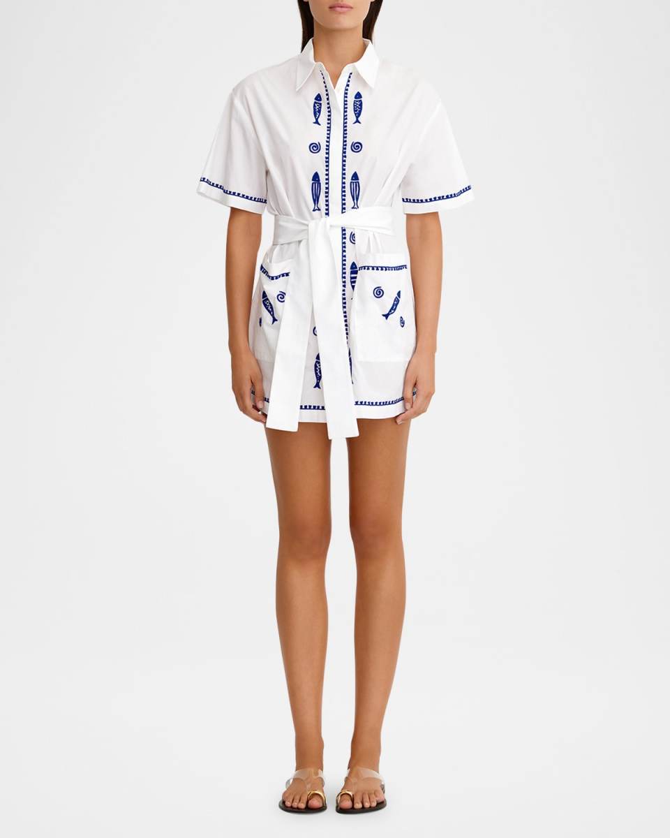 Annette Embroidered Short-Sleeve Belted Mini Shirtdress